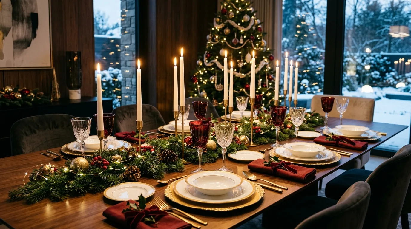 Luxurious Christmas table setting with crystal glasses and taper candles.